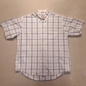 The Fox Collection Mens SS Vintage Button Shirt Large White/Blue Plaid Cotton